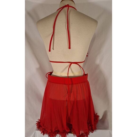 Womens 3 Piece Swimwear Halter Triangle Bikini Swimsuit Mesh Skirt Red Sz XL NEW - Picture 5 of 6